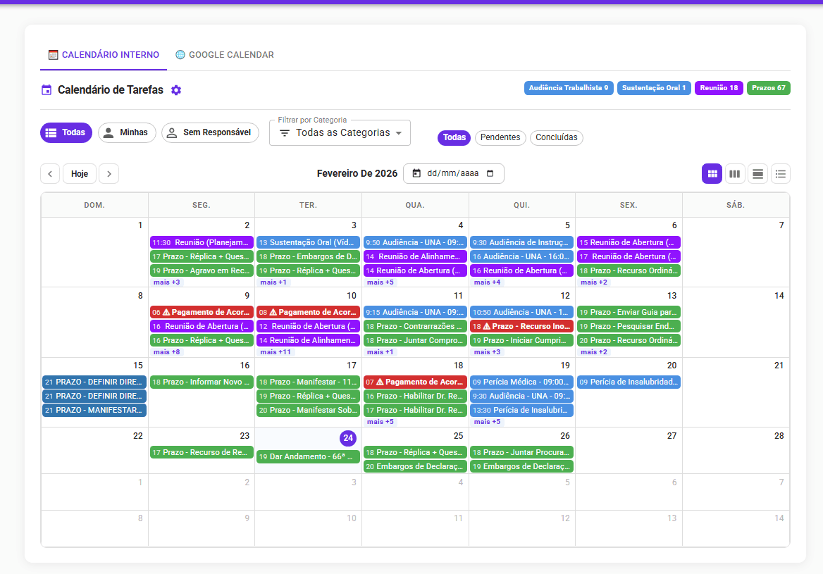 Dashboard do Calendário Liberty — visão mensal com tarefas, prazos e audiências organizadas por cores