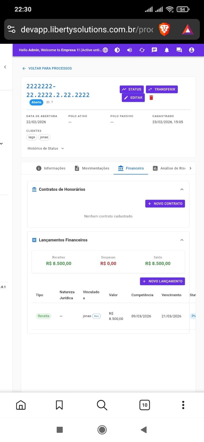 Interface financeira integrada ao processo mostrando lançamentos, saldos e vínculos com as partes